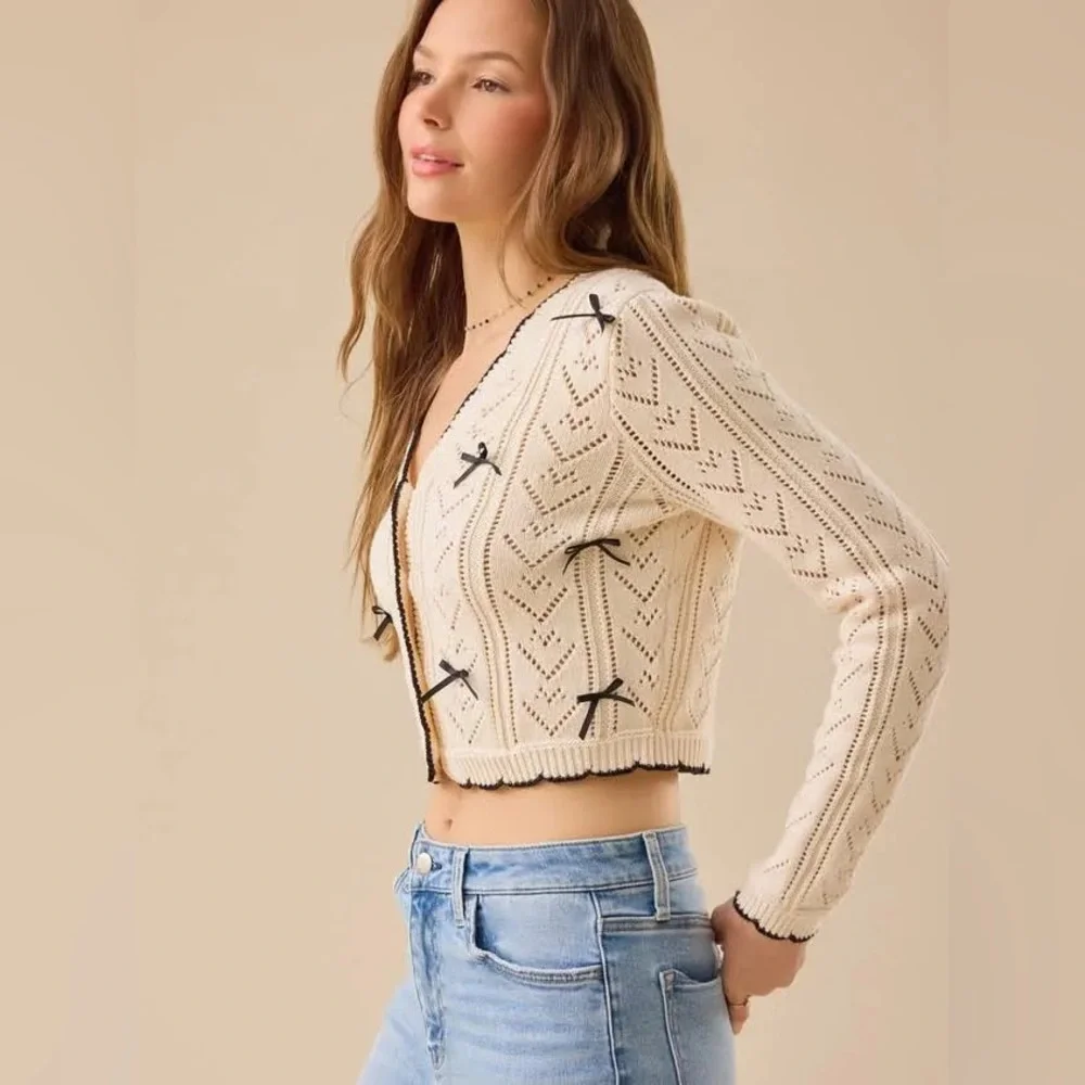 Altar'd State Cece Delicate Bow Cardigan in Ivory and Black Girly Cotton Blend - Picture 2 of 8
